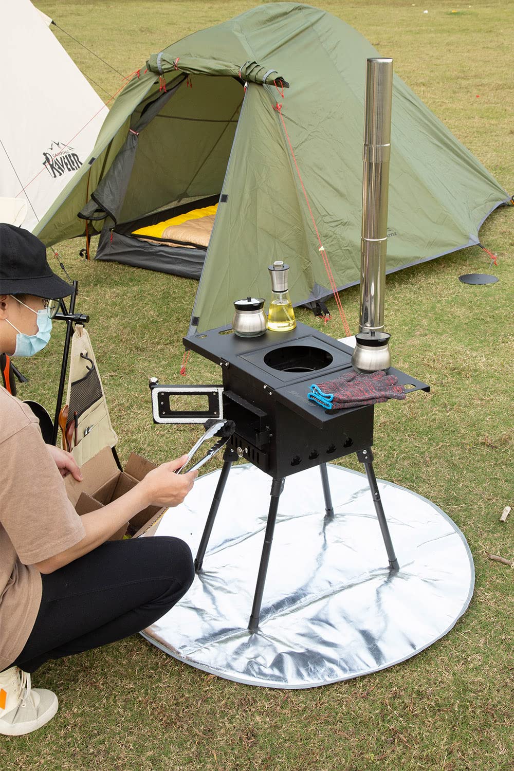 薪ストーブ 高さ調整可能 薪暖炉 ステンレス キャンプ テント用 煙突付き